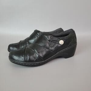 Clarks Channing Ann Leather Loafer Black Side Zip Comfort Shoe Women's Size 7